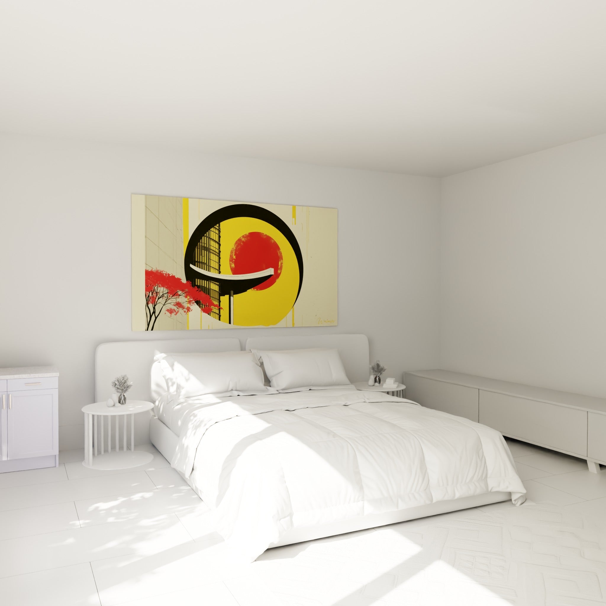 Immeuble stylisé jaune et rouge avec branche fleurie, accroché au-dessus d'un lit dans une chambre claire