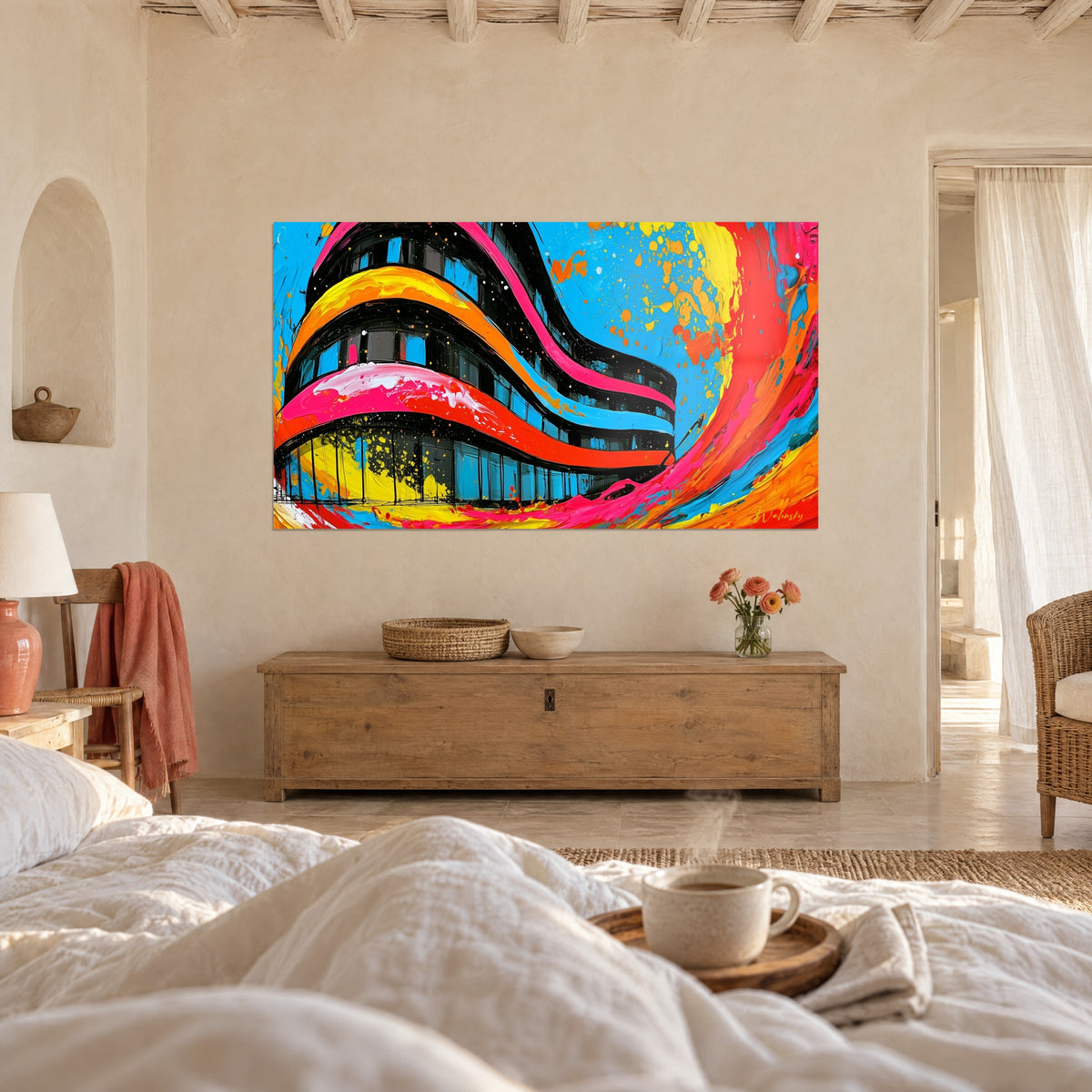 Πίνακας αρχιτεκτονική pop με μαύρους ορόφους και έντονα ροζ κορδέλες, τυρκουάζ και κίτρινα θραύσματα, πάνω από κρεβάτι σε φωτεινό υπνοδωμάτιο