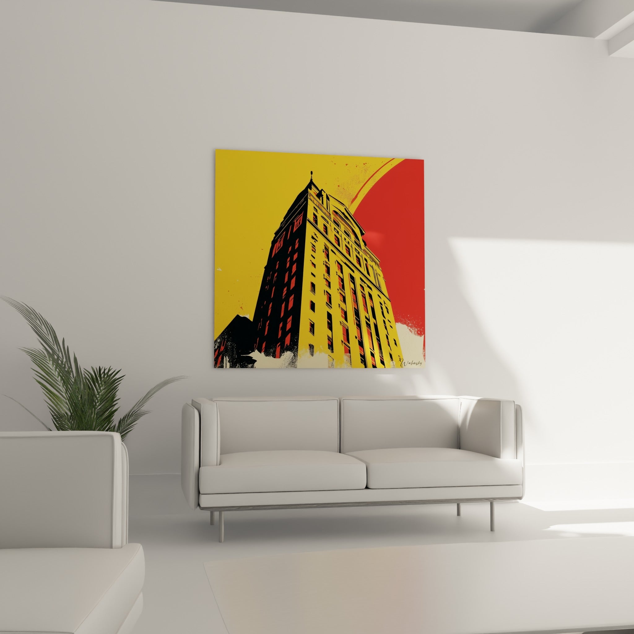 Tour urbaine ocre et rouge sanguin, tableau architecture abstrait au-dessus d'un canapé dans un salon lumineux