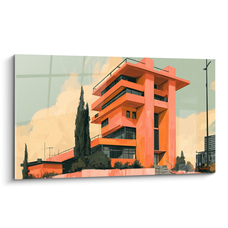 Gemälde Mehrfamilienhaus orange mit gestapelten Balkonen – Städtische Wärme – Architektur Edition Abstrakte Kunst
