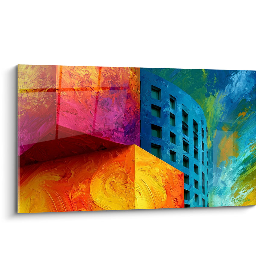 Tableau Immeuble orange et bleu aux façades tourbillonnantes - Fenêtres carrées alignées - Edition Architecture abstrait