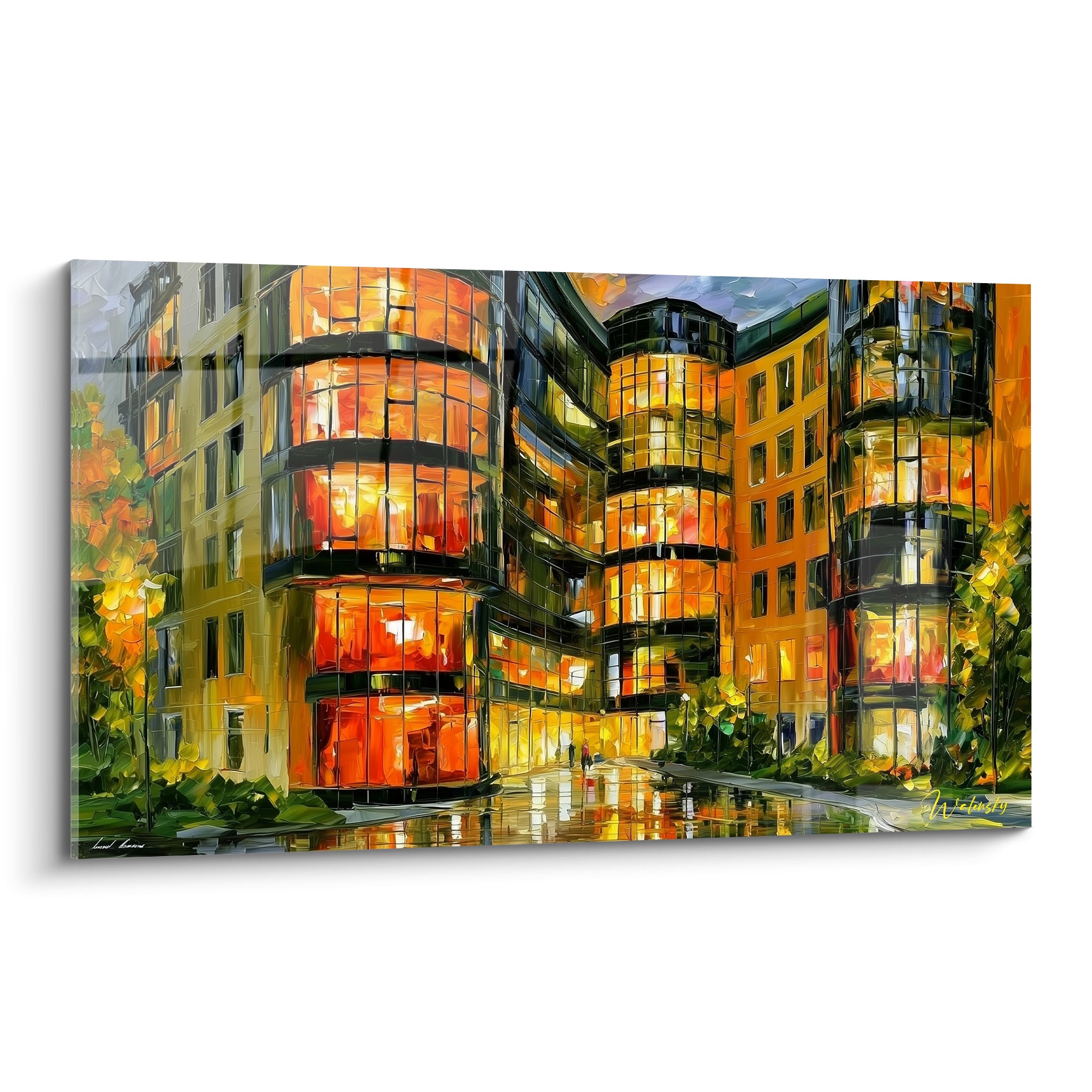 Immeuble architecture abstrait aux façades orange et bleu ardoise, rue pavée reflétant la lumière