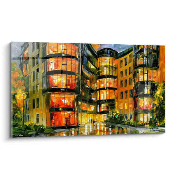 Cuadro Edificio con almenas acristaladas naranja y negro sobre pavimento mojado - Árboles con follaje dorado - Edición Arquitectura abstracta