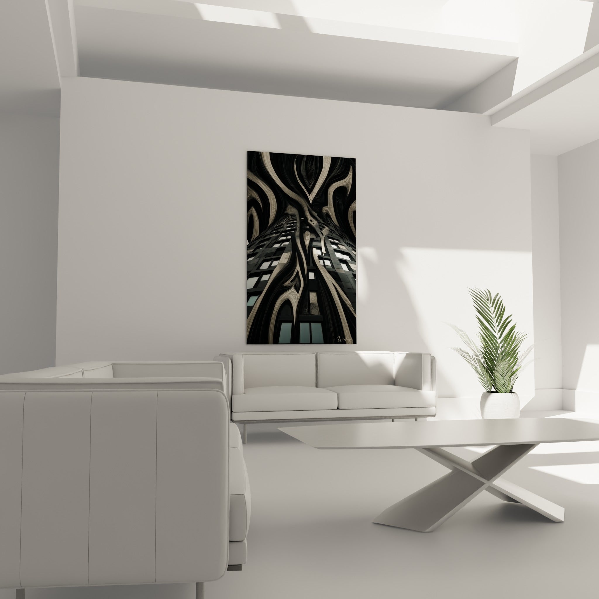 Gratte-ciel abstrait anthracite et beige aux lignes sinueuses au-dessus d'un canapé dans un salon lumineux
