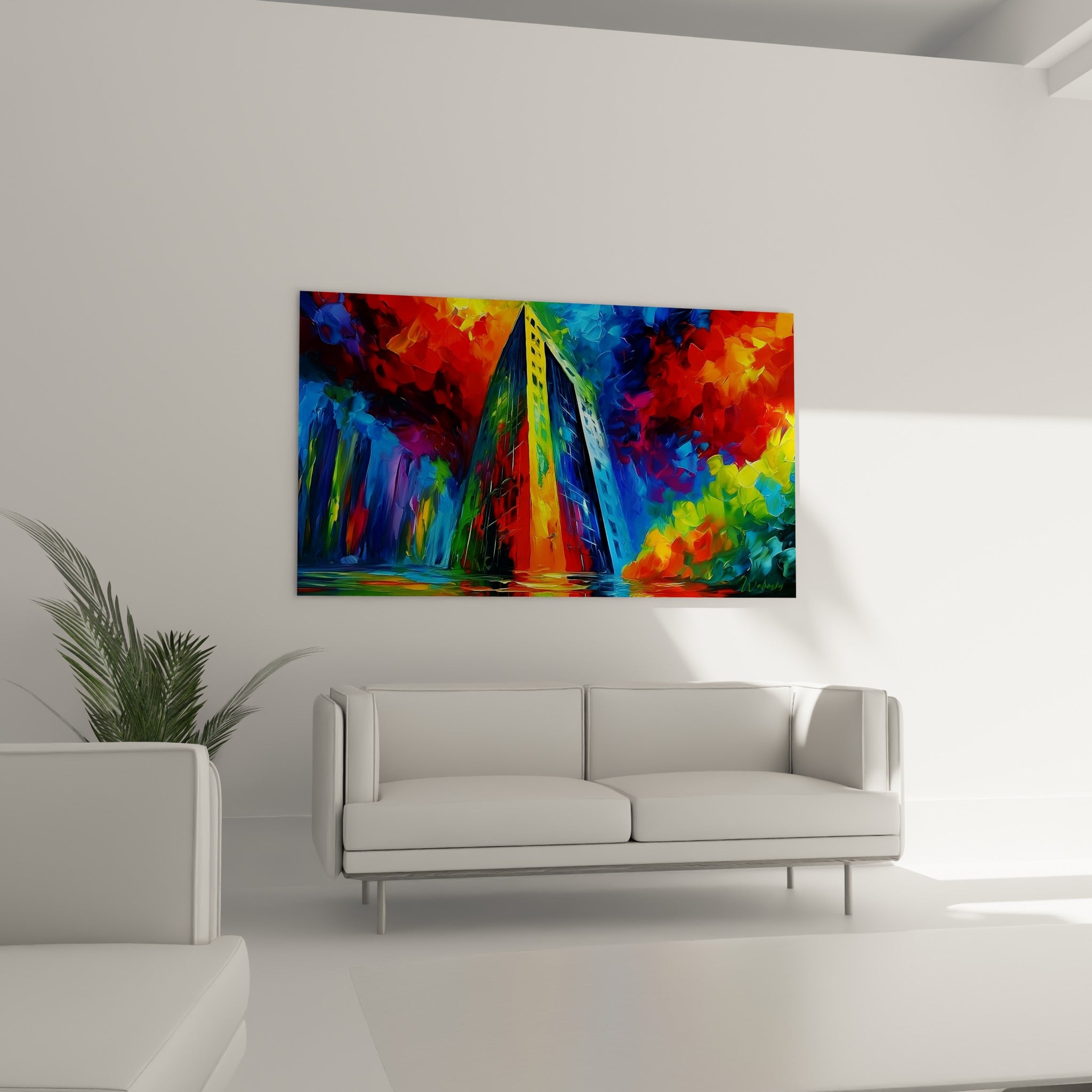 Immeuble triangulaire bleu et orangé aux reflets aquatiques au-dessus d'un canapé dans un salon lumineux
