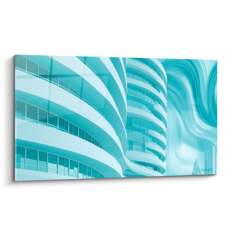 Tableau Immeuble turquoise et blanc aux balcons ondulants - Tourbillon liquide en fond - Edition Architecture abstrait