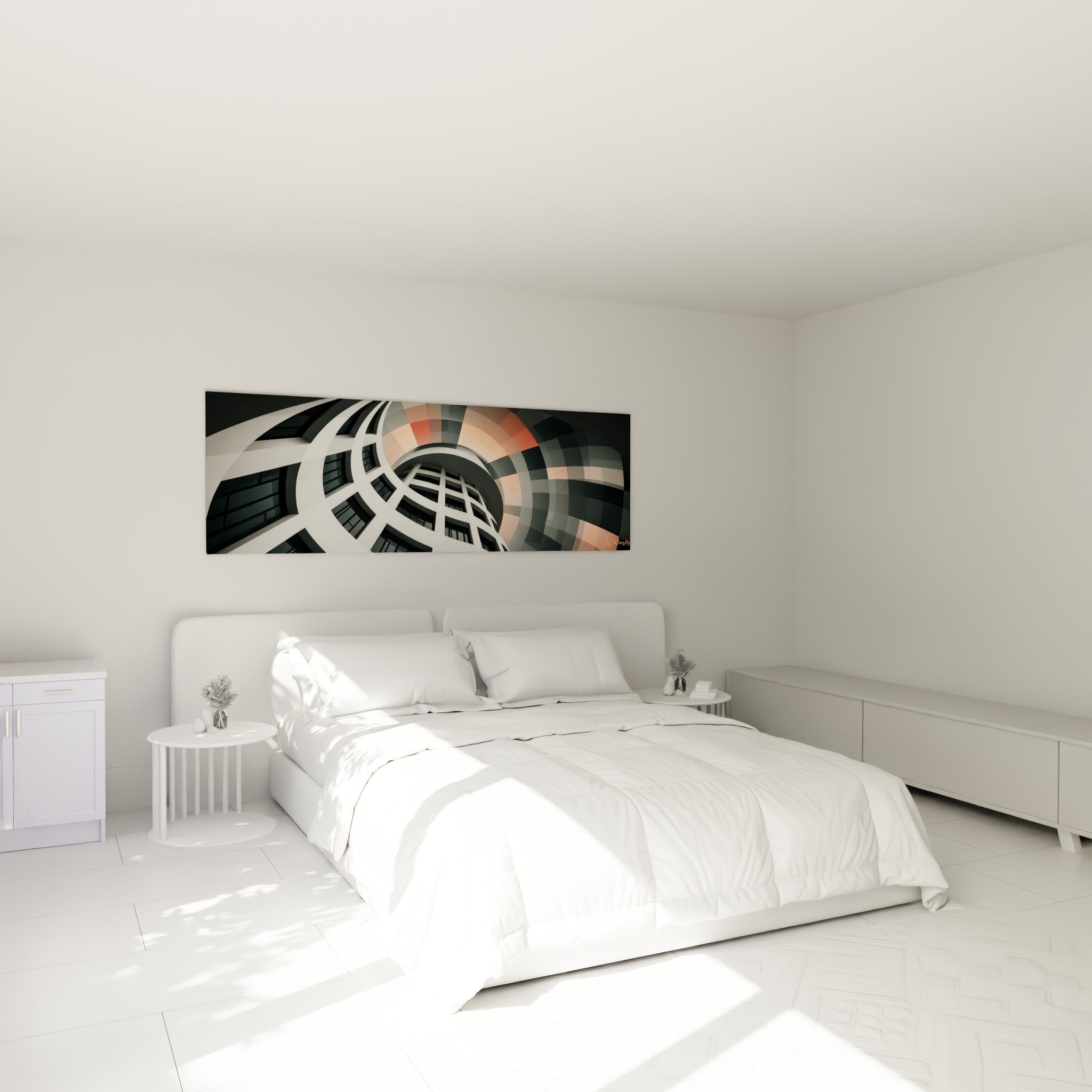 Composition circulaire anthracite et orangée au-dessus d'un lit dans une chambre claire