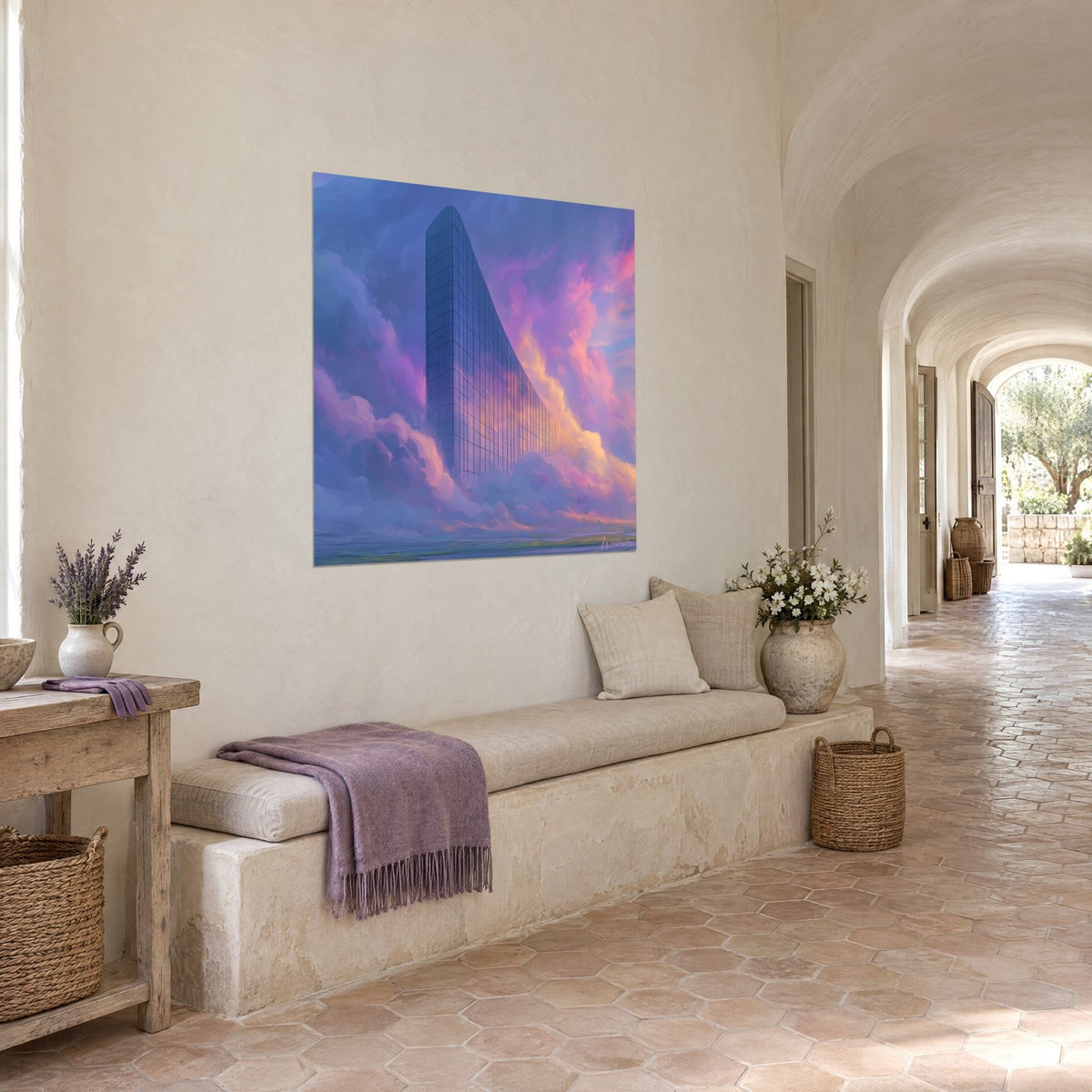 Tableau tour vitrée à façade quadrillée indigo émergeant d'un ciel lilas et abricot, sur un mur de mas provençal, vue de trois-quarts