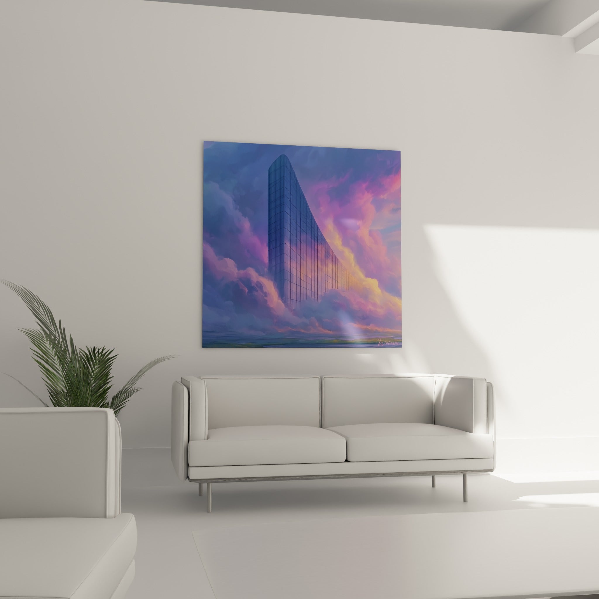 Immeuble effilé aux reflets violets et orangés, disposé au-dessus d'un canapé dans un salon lumineux