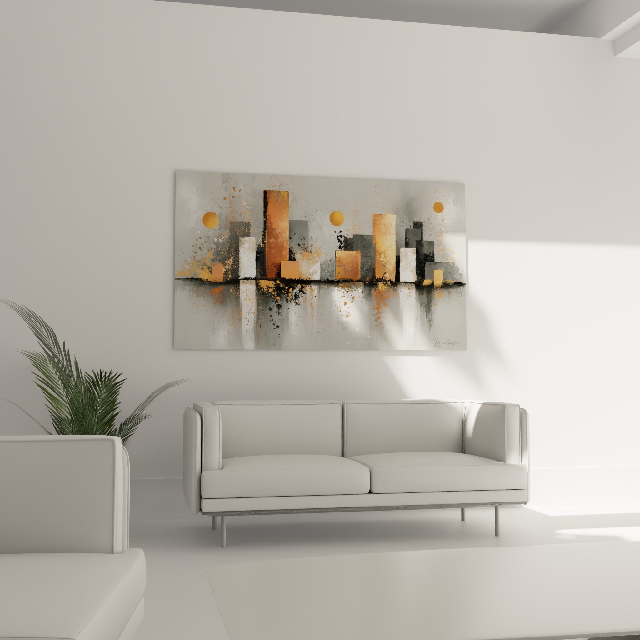 Immeubles ambre et anthracite d'une composition urbaine abstraite, au-dessus d'un canapé dans un salon lumineux
