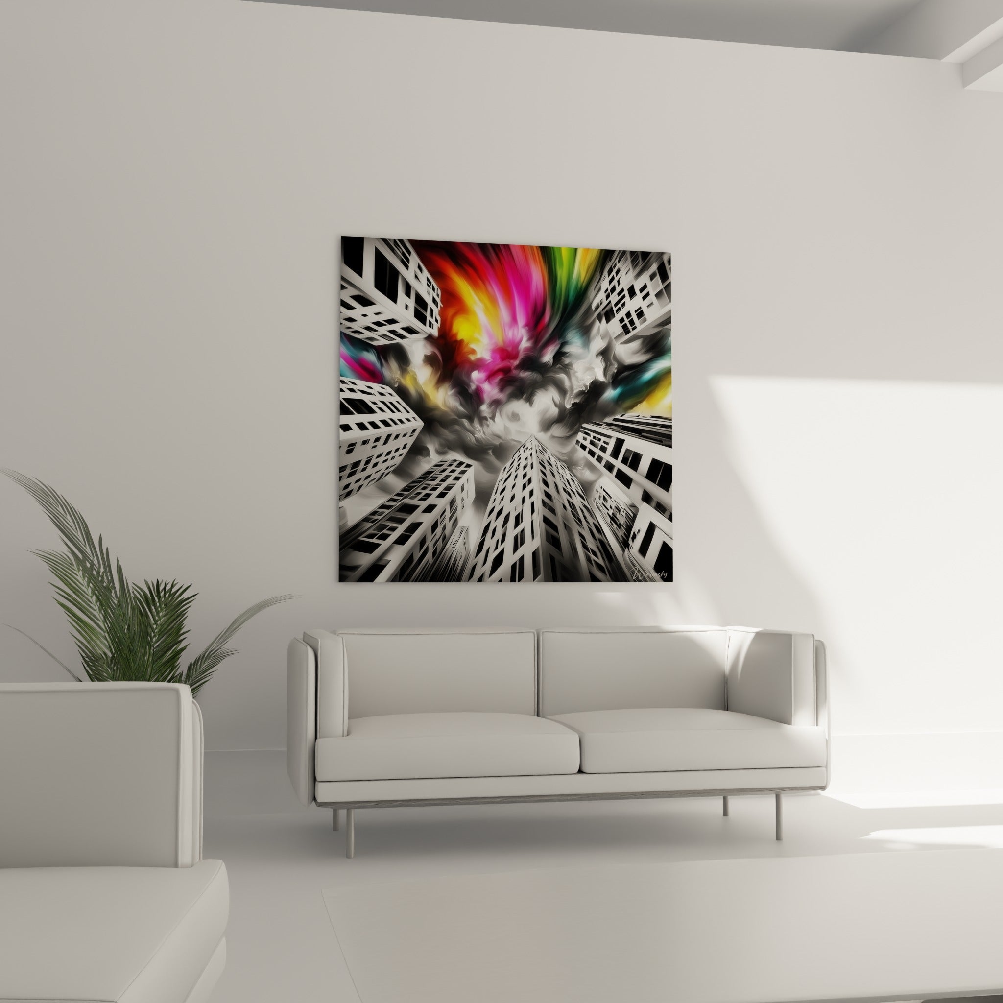 Immeubles anthracite et éclats jaune vif se détachant, tableau au-dessus d'un canapé dans un salon lumineux