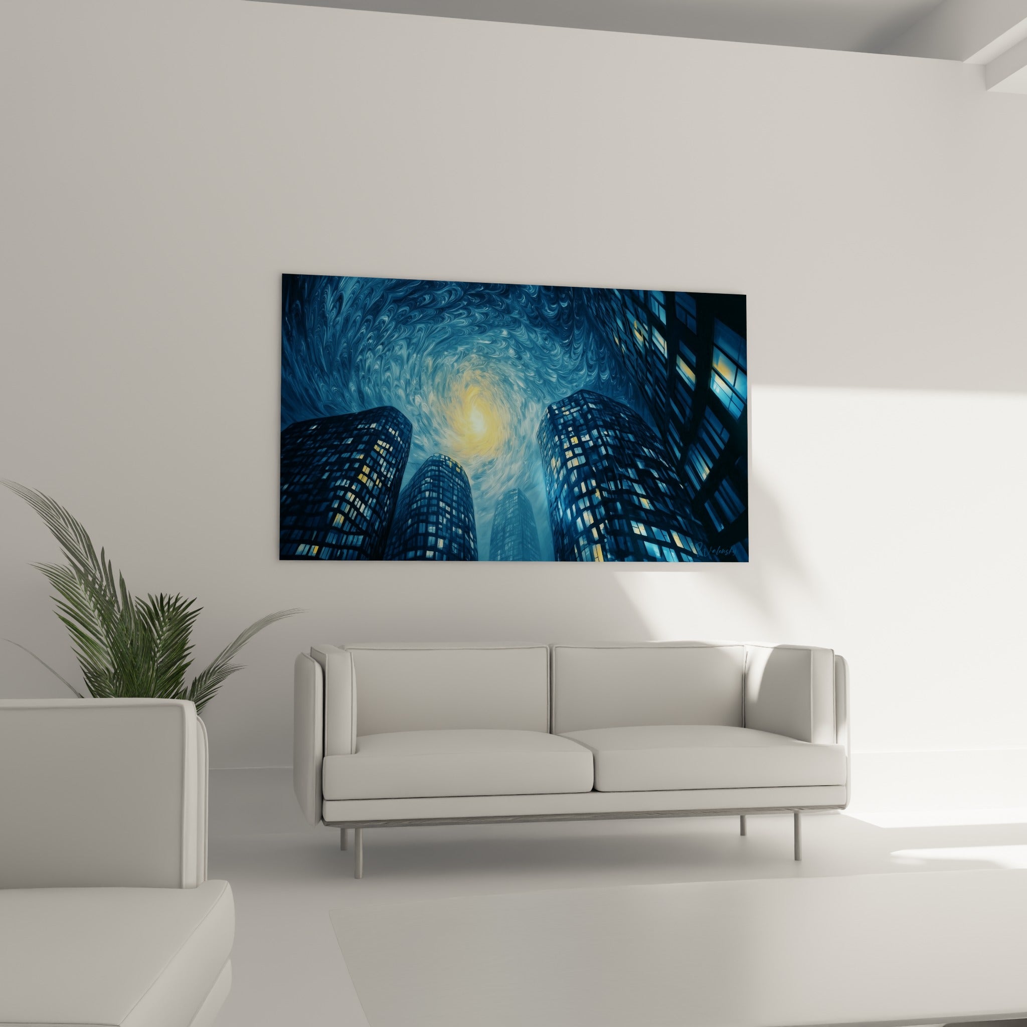 Immeubles bleu nuit percés de fenêtres jaunes, tableau architecture abstraite au-dessus d'un canapé dans un salon lumineux
