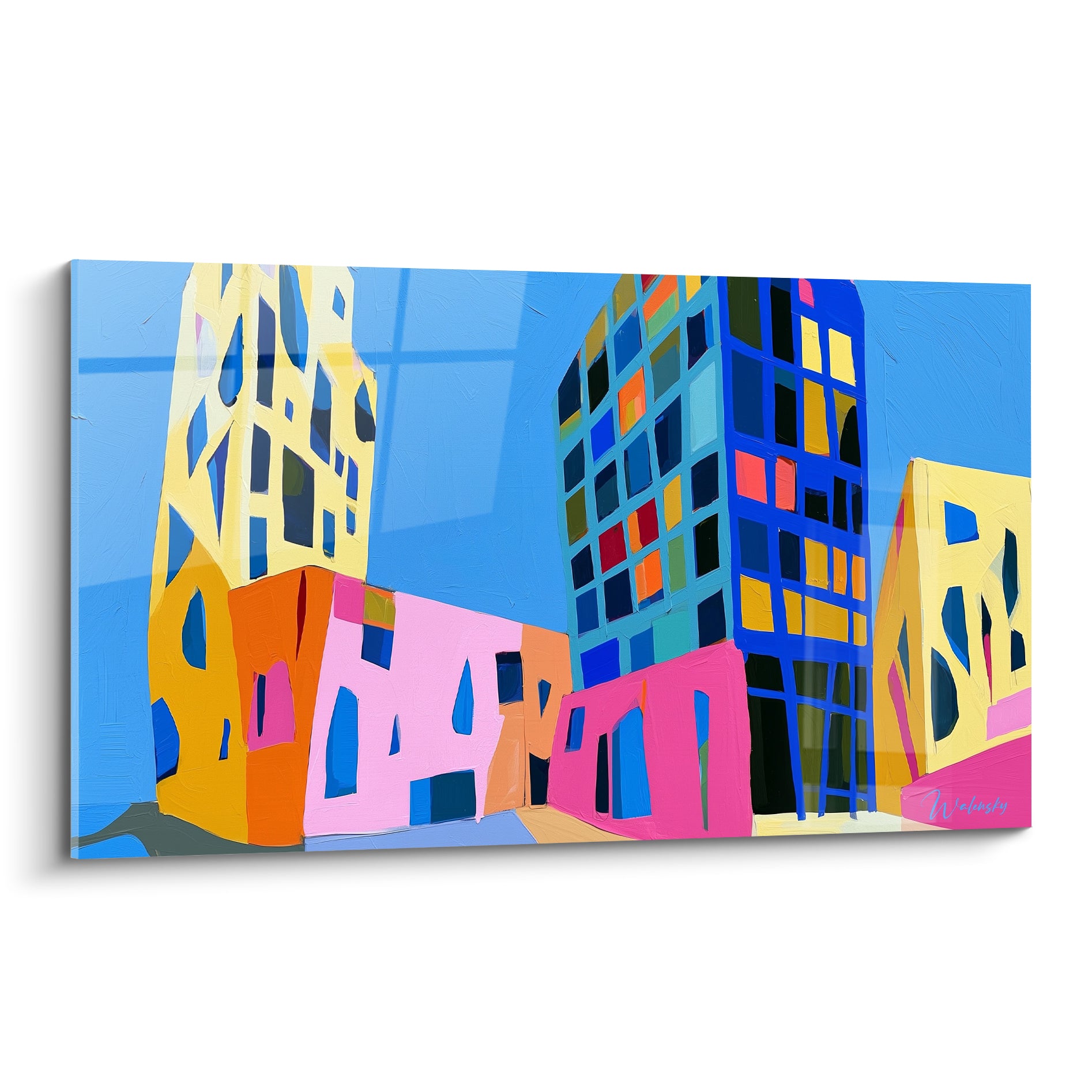 Immeubles colorés en architecture abstrait, façades bleu, rose et jaune texturées au couteau