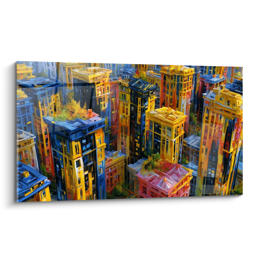 Gemälde Stadt Dächer blau und gelb mit üppigen Büschen - Blick auf die Stadt von oben - Architektur Edition Abstrakte Kunst