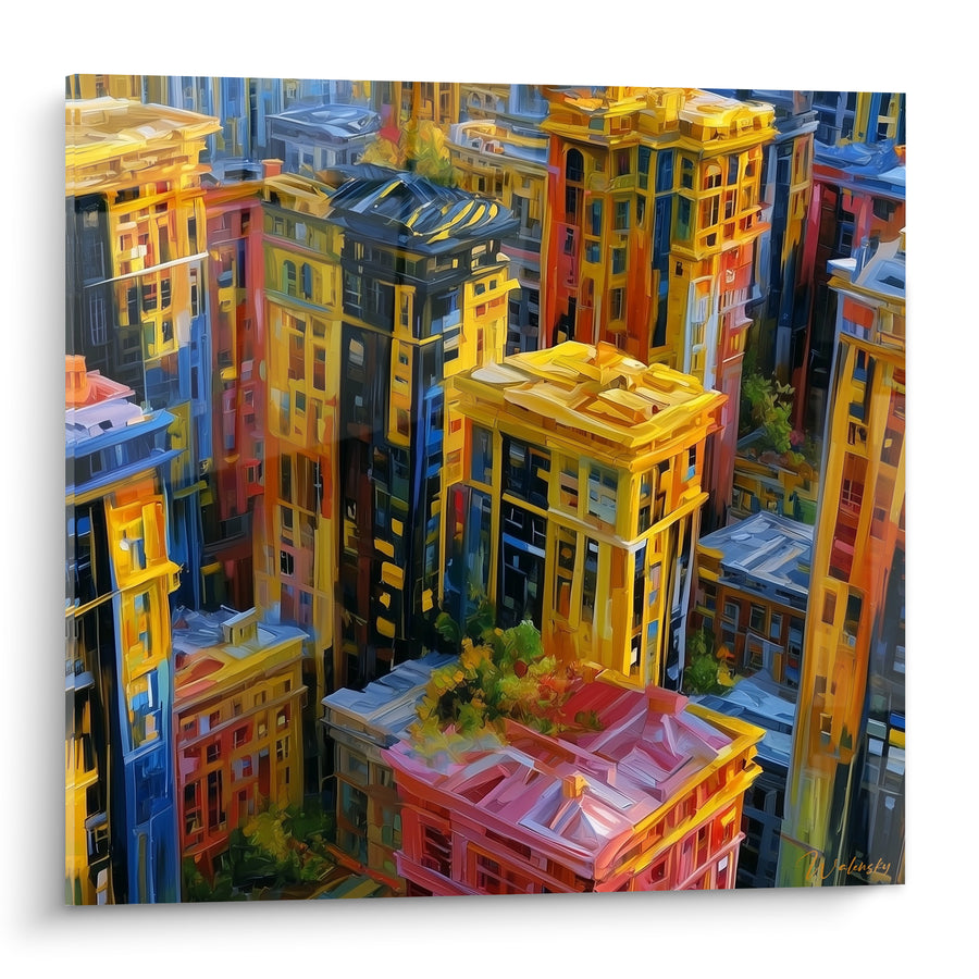 Gemälde Hochhäuser Vogelperspektive golden und blau - Goldener urbaner Schwindel - Architektur Edition Abstrakt