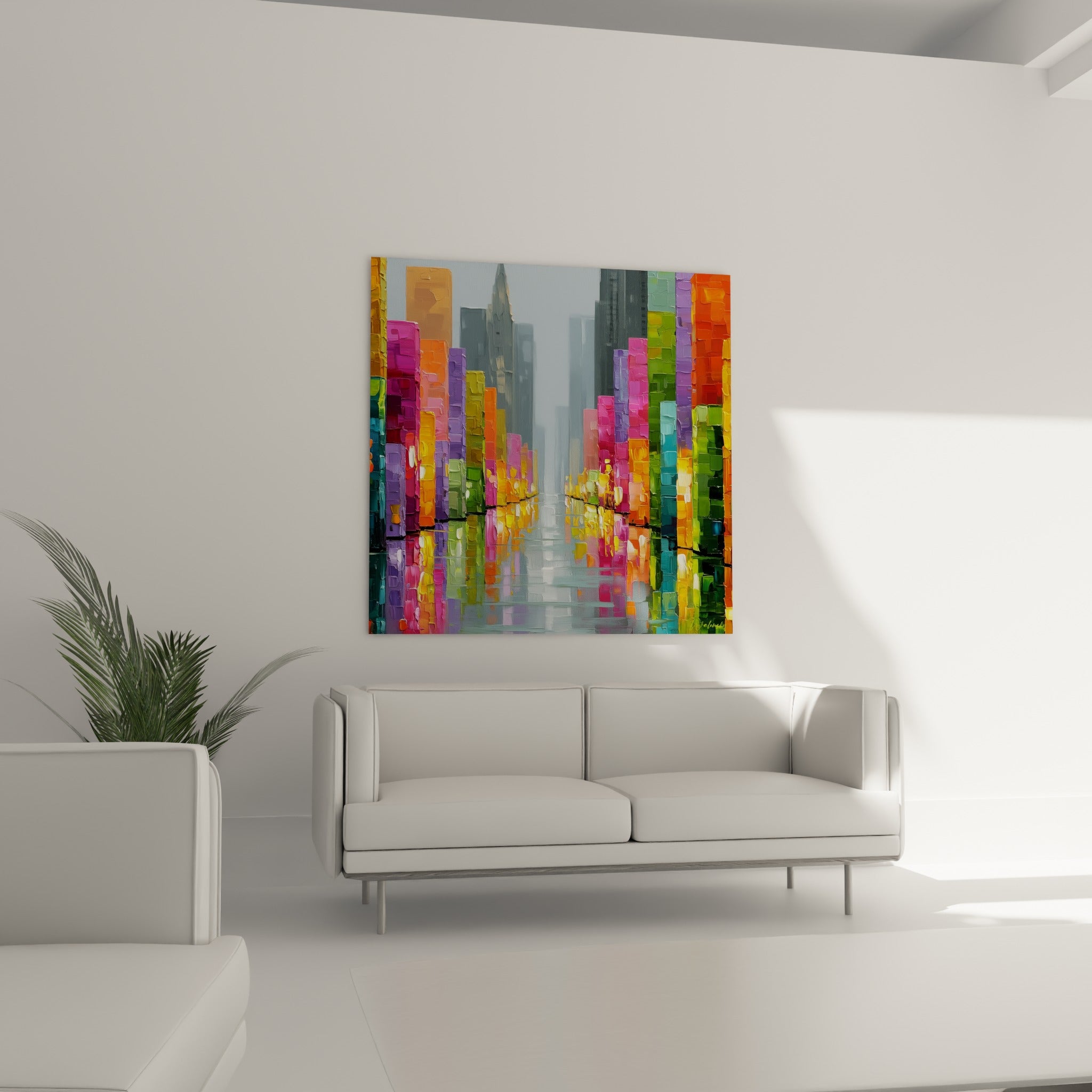 Immeubles colorés en rose fuchsia et doré, tableau architecture abstrait au-dessus d'un canapé dans un salon lumineux