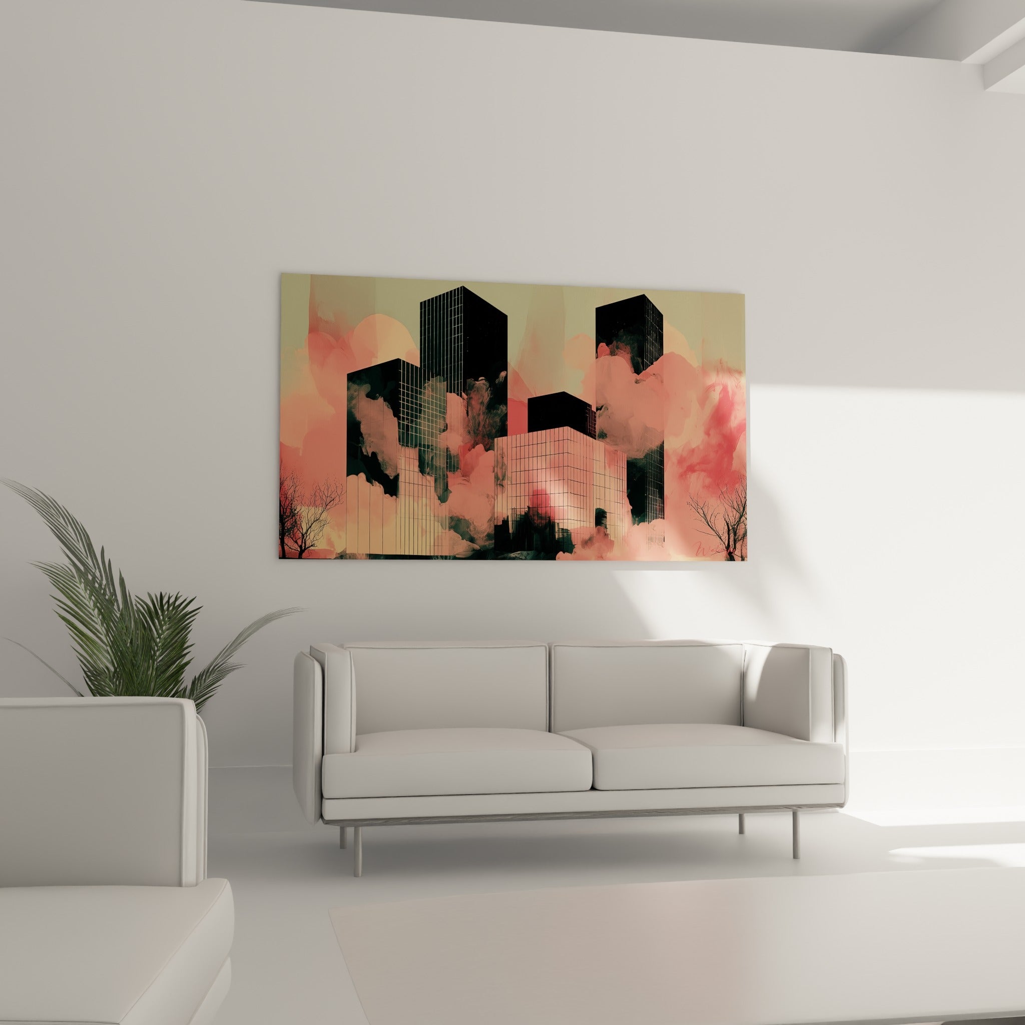 Immeubles anthracite baignés de fumée corail, tableau architecture abstrait au-dessus d'un canapé dans un salon lumineux