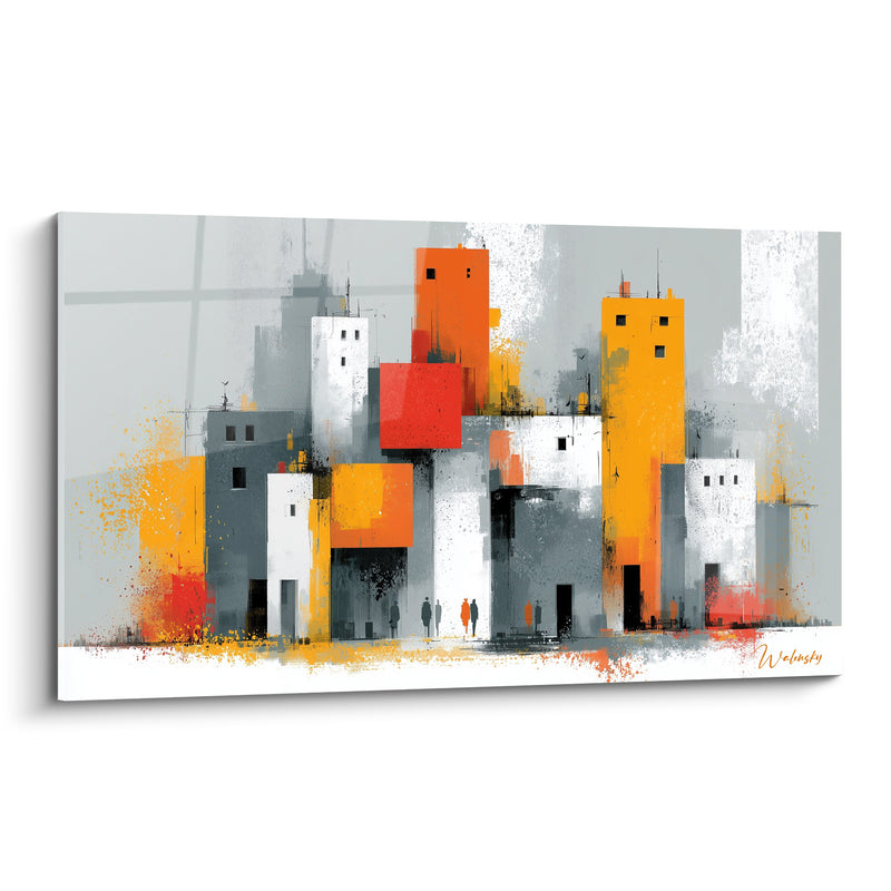Gemälde Graue und Orange Gebäude mit Gehenden Silhouetten - Passanten in der Gasse - Edition Abstrakte Architektur