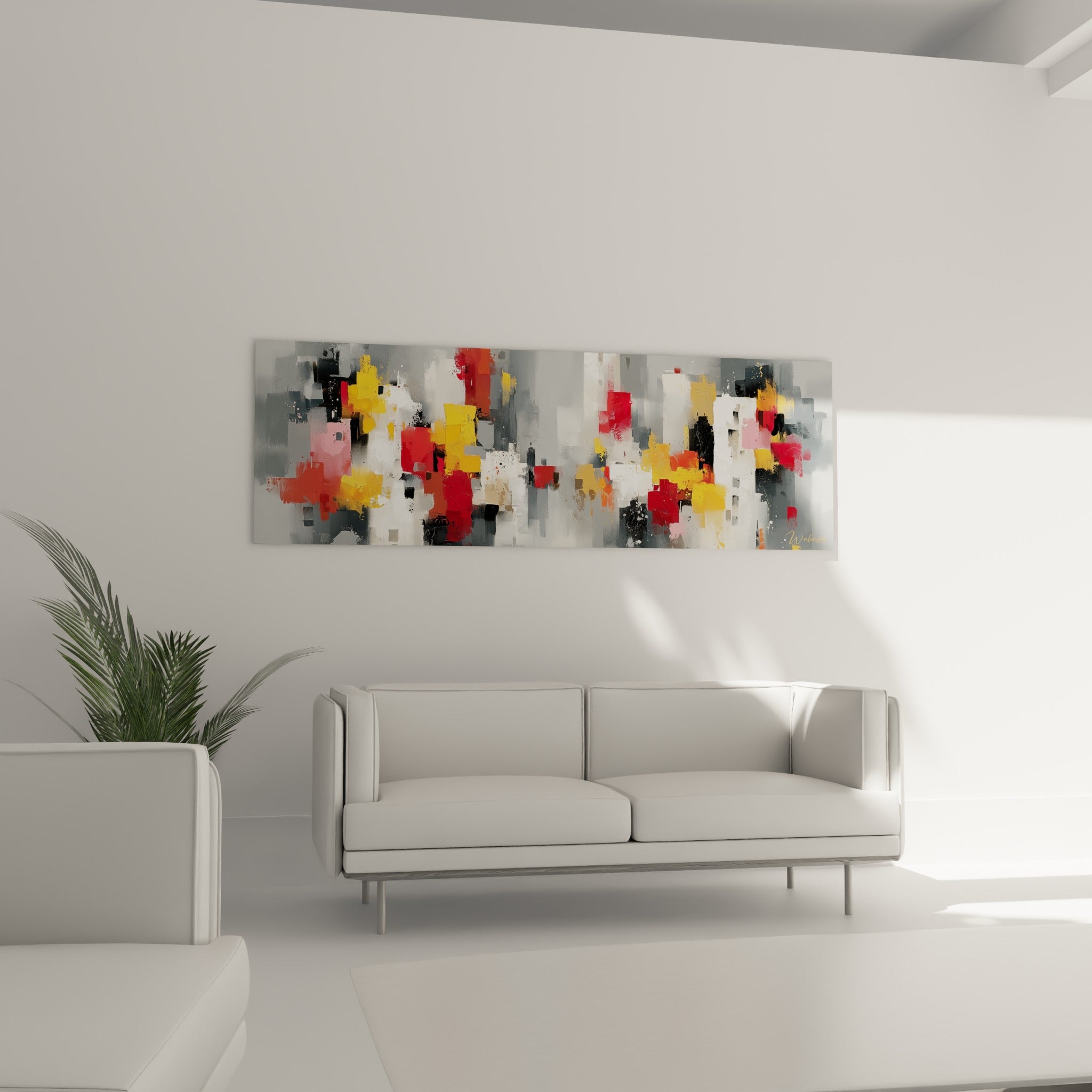 Façades stylisées en aplats gris et rouge vermillon au-dessus d'un canapé dans un salon lumineux
