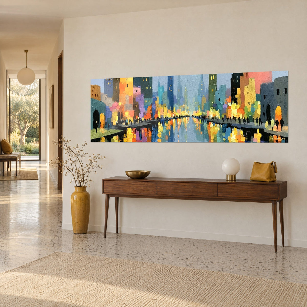 Tableau ville nocturne en pâtes épaisses jaune et turquoise, silhouettes sombres sur quai, console en bois, maison des années 50