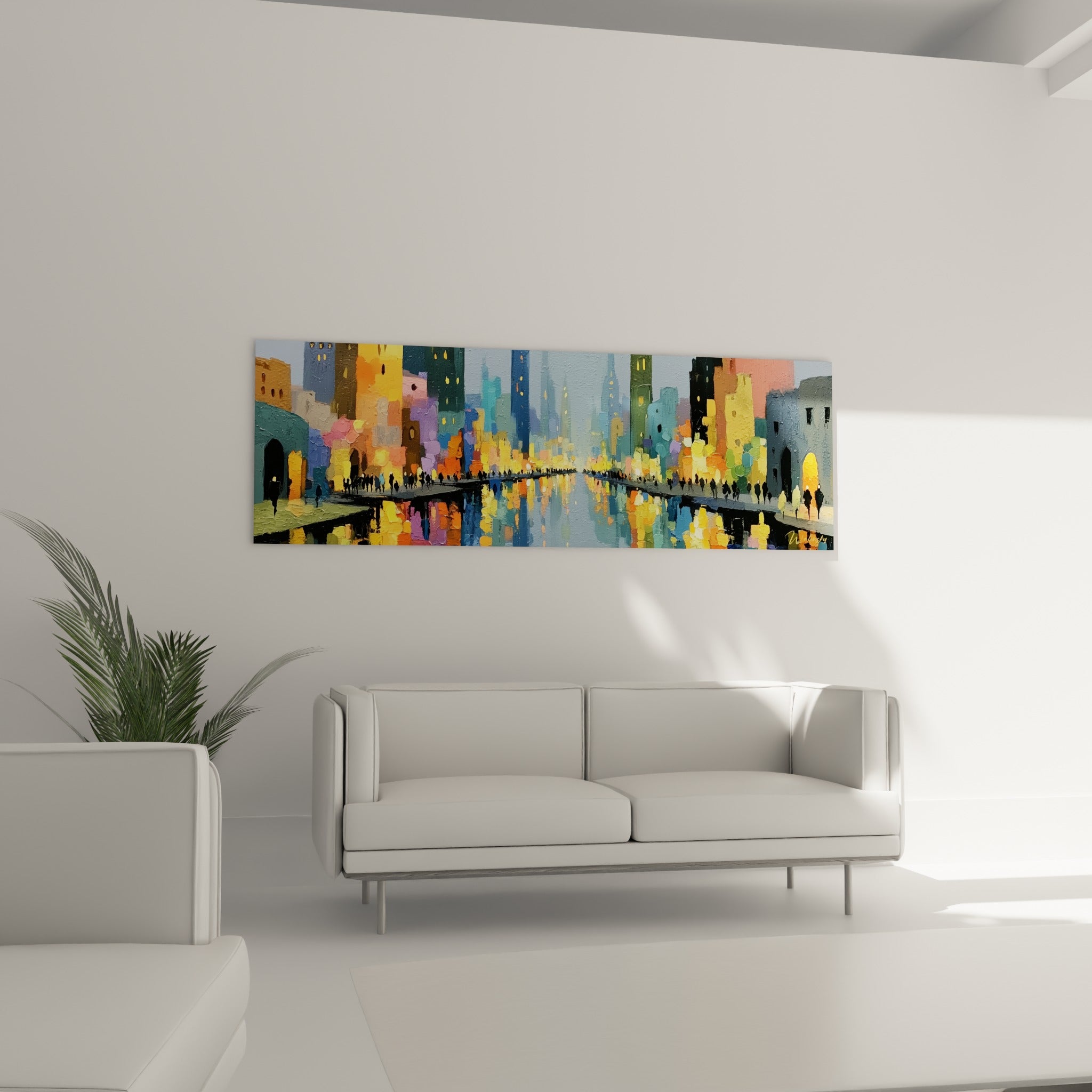 Immeubles colorés en orange et bleu nuit avec reflets sur l'eau, au-dessus d'un canapé dans un salon lumineux