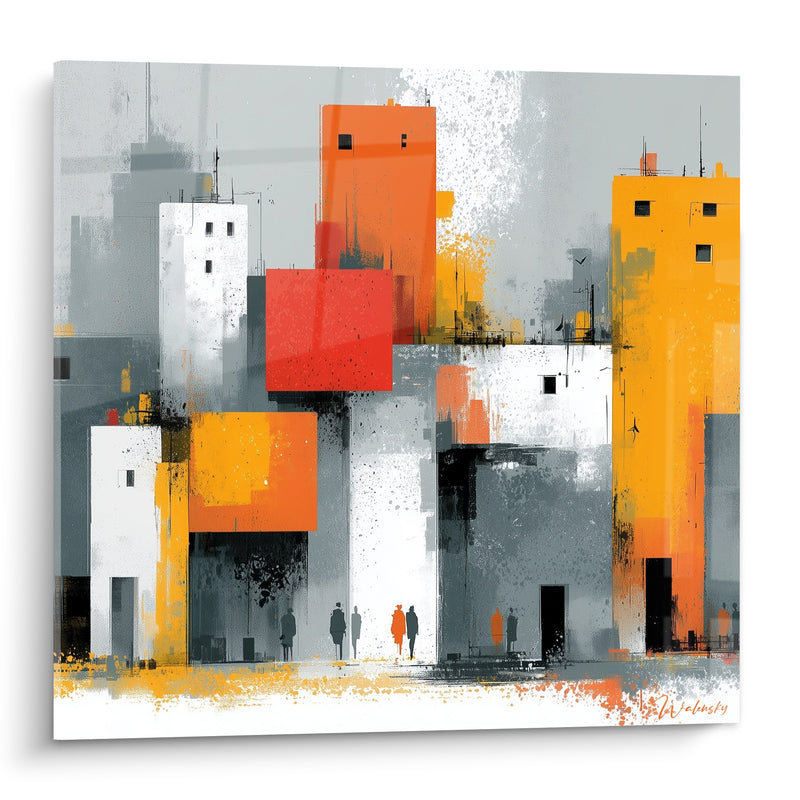 Tableau Immeubles urbains gris et orange animés - Pulsation citadine - Edition Architecture abstrait