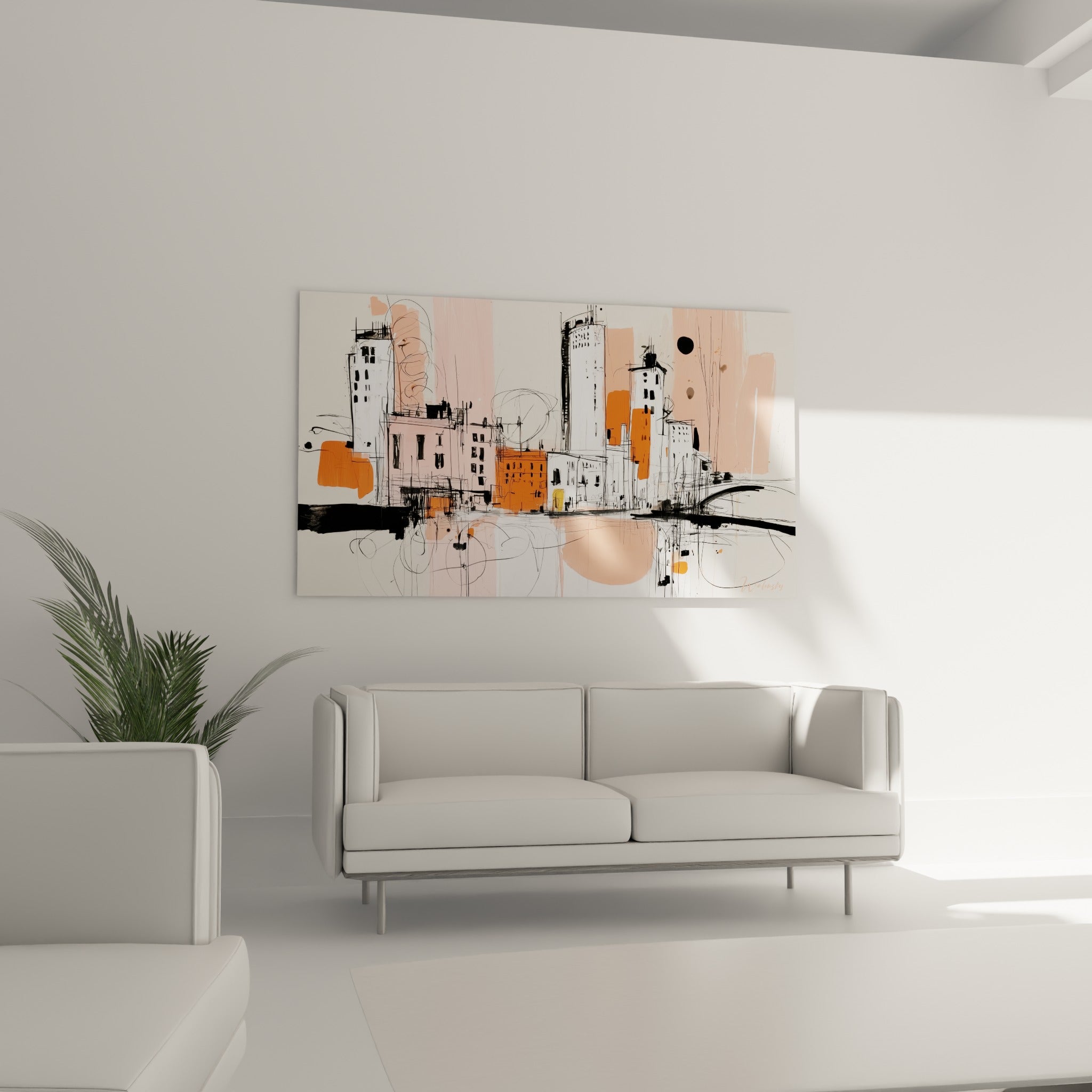 Immeubles urbains croqués en noir et terracotta, suspendus au-dessus d'un canapé dans un salon lumineux