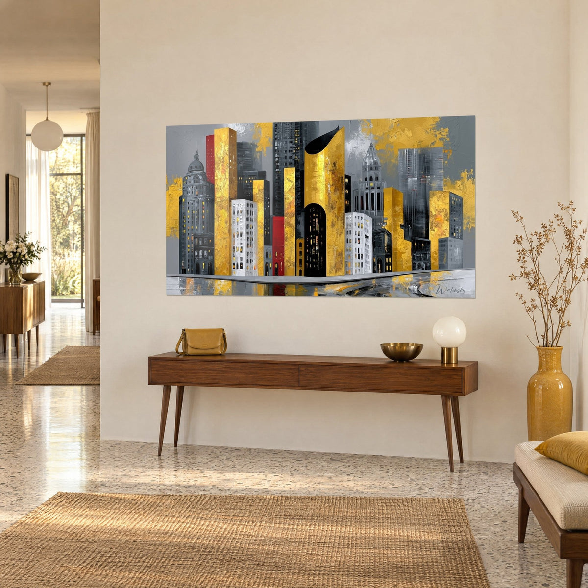 Tableau skyline abstraite de tours ocre doré et gris fumé, vue de trois-quarts sur une console en bois sombre