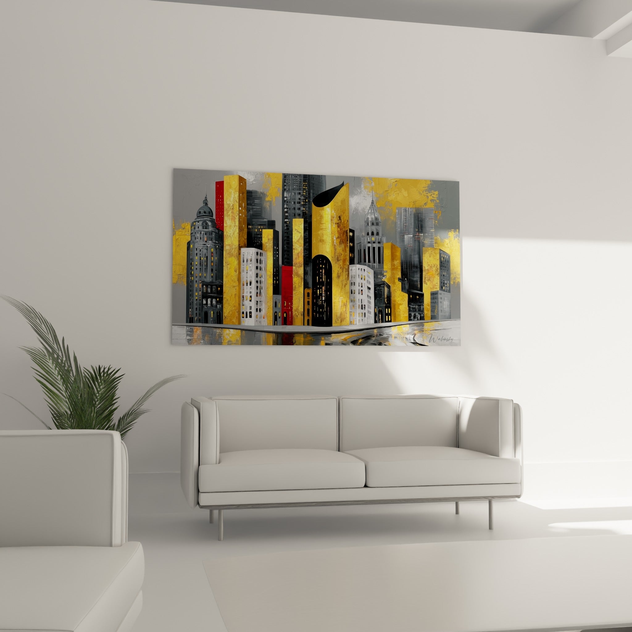 Immeubles anthracite et dorés aux reflets rouges, accrochés au-dessus d'un canapé dans un salon lumineux