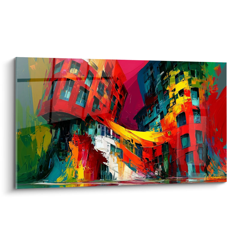 Tableau Immeubles rouge et jaune aux façades penchées - Ruelle en surplomb - Edition Architecture abstrait