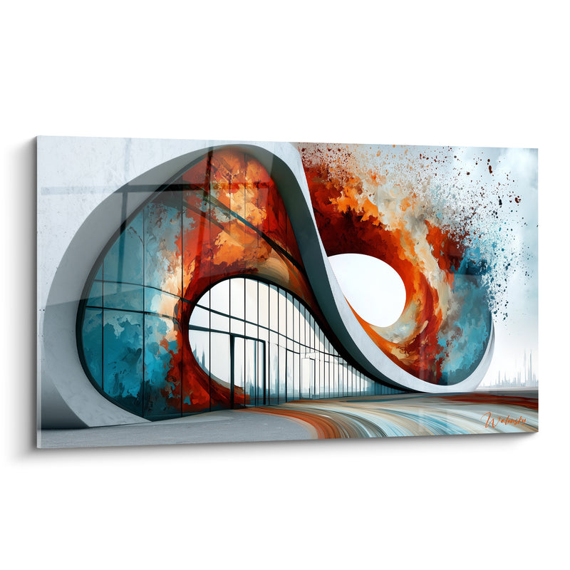 Infinite Building Painting in Orange and Blue Tones - Futuristic Whirlwind - Abstract Architecture Edition