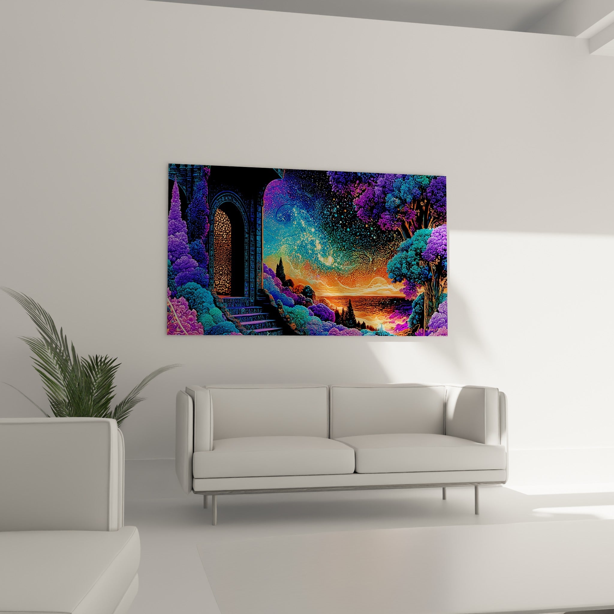 Jardin luxuriant bleu et violet entourant un escalier orné, au-dessus d'un canapé dans un salon lumineux