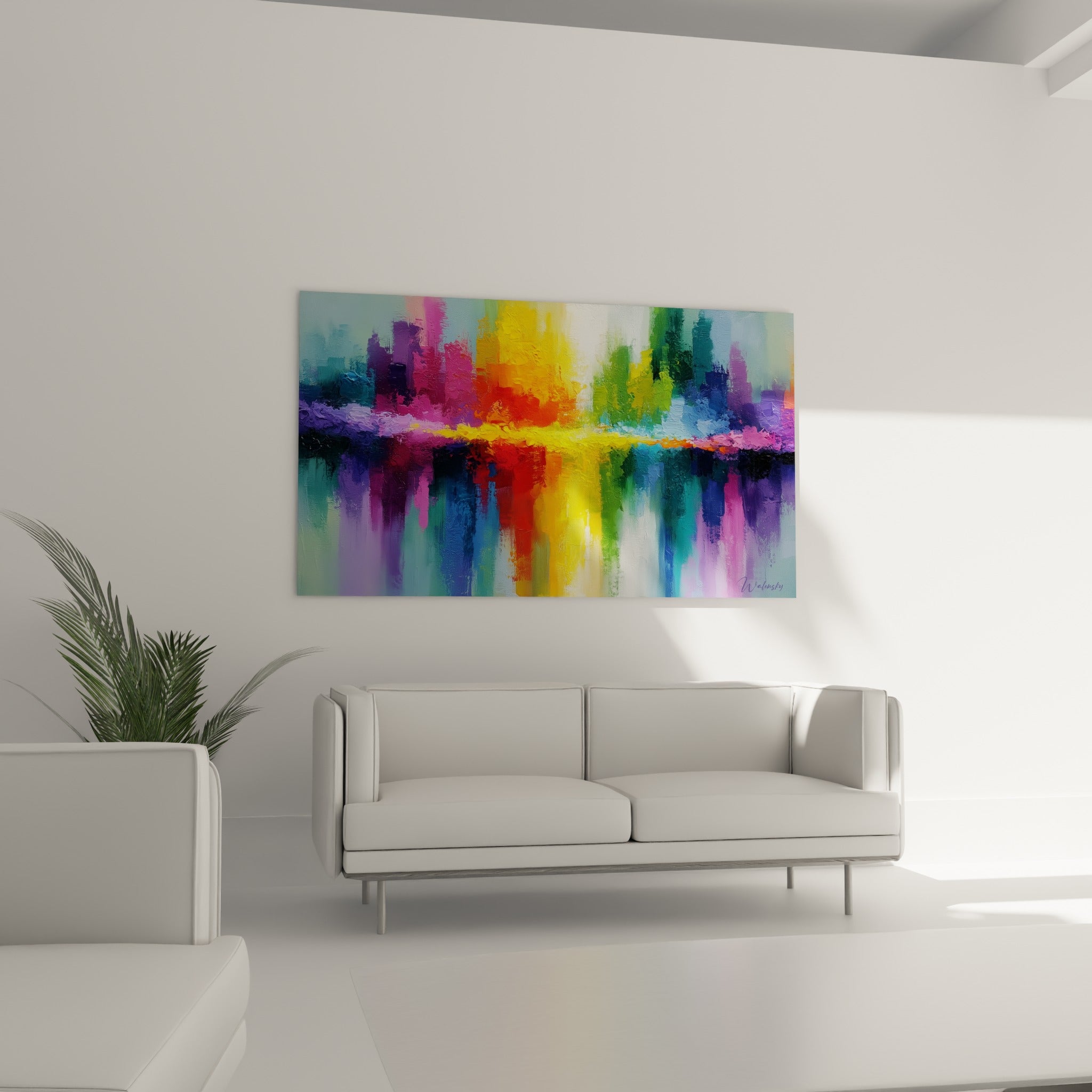 Tableau architecture abstraite jaune et fauve à la matière texturée, au-dessus d'un canapé dans un salon lumineux