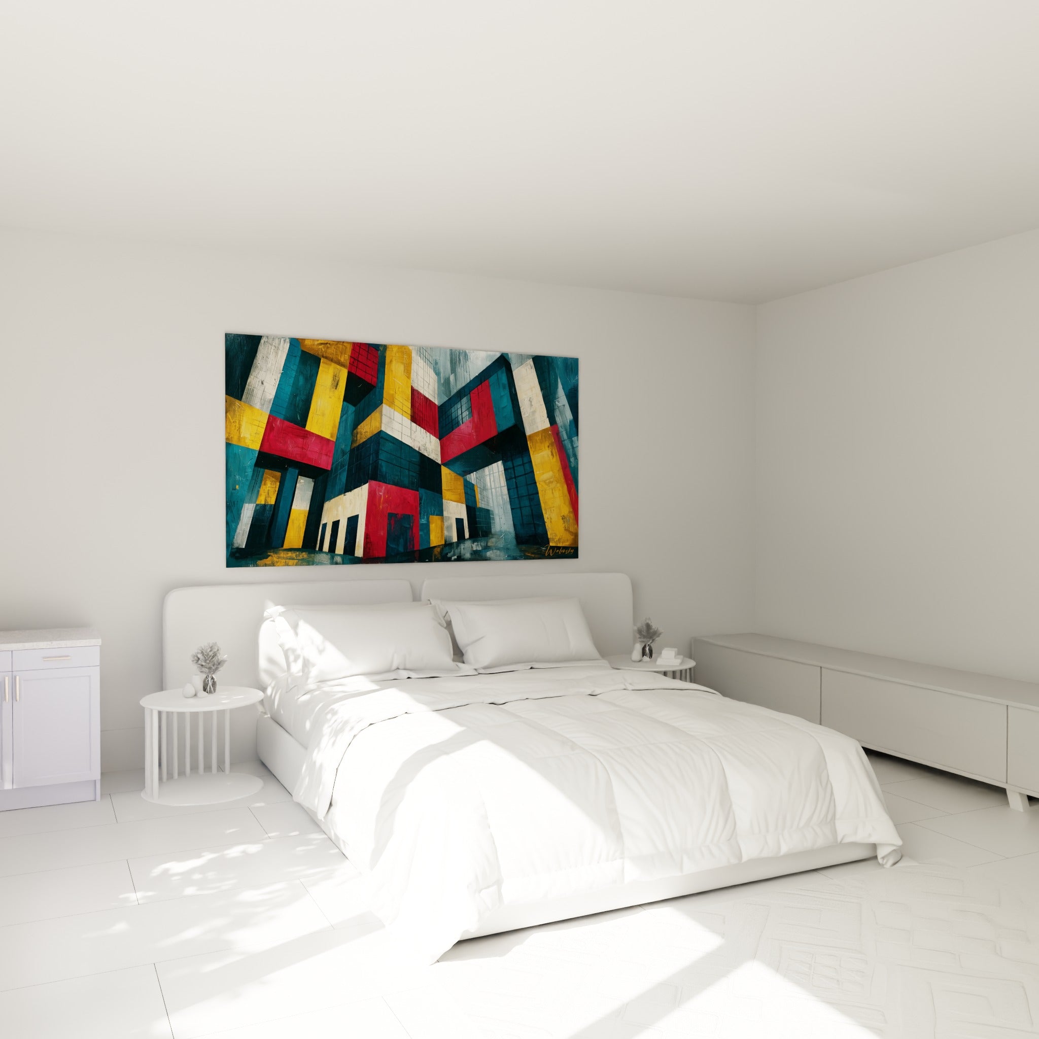 Volumes géométriques bleu pétrole et ocre accrochés au-dessus d'un lit dans une chambre claire