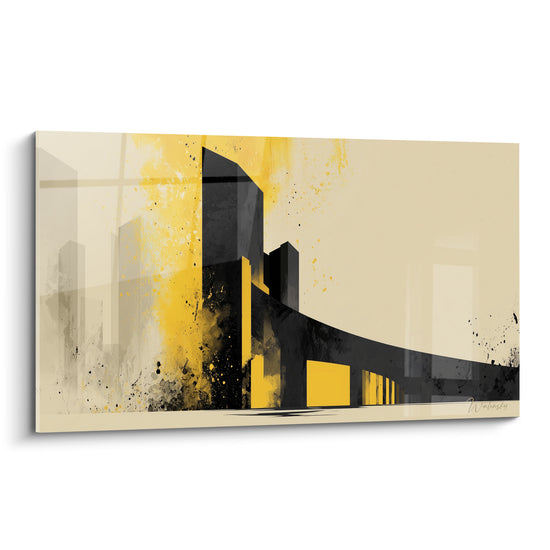 Building noir et jaune moutarde d'architecture abstraite, éclaboussures dorées sur fond beige sable