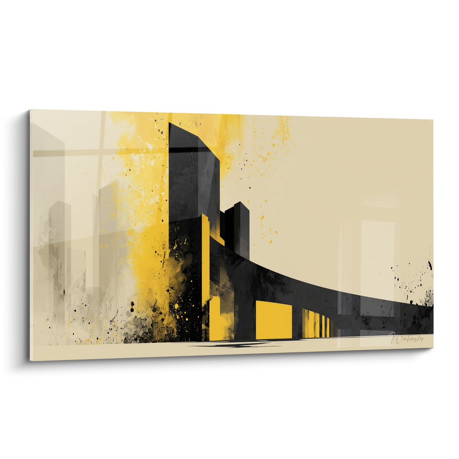 Tableau Bâtiment noir et jaune au trait courbé - Éclaboussures picturales urbaines - Edition Architecture abstrait