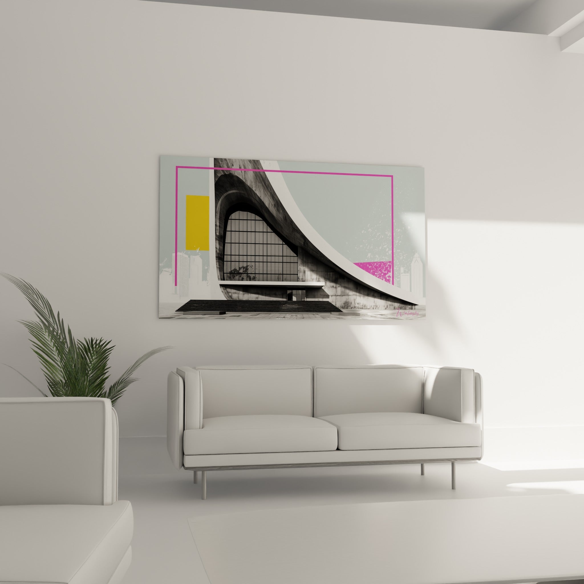 Façade courbe en béton anthracite et touches jaune moutarde, tableau au-dessus d'un canapé dans un salon lumineux