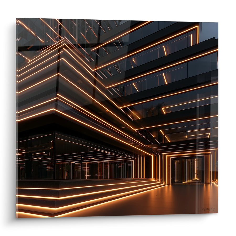 Gemälde Gebäude schwarz mit bernsteinfarbener Linienführung - Nachtdurchquerung - Edition Architektur abstrakt