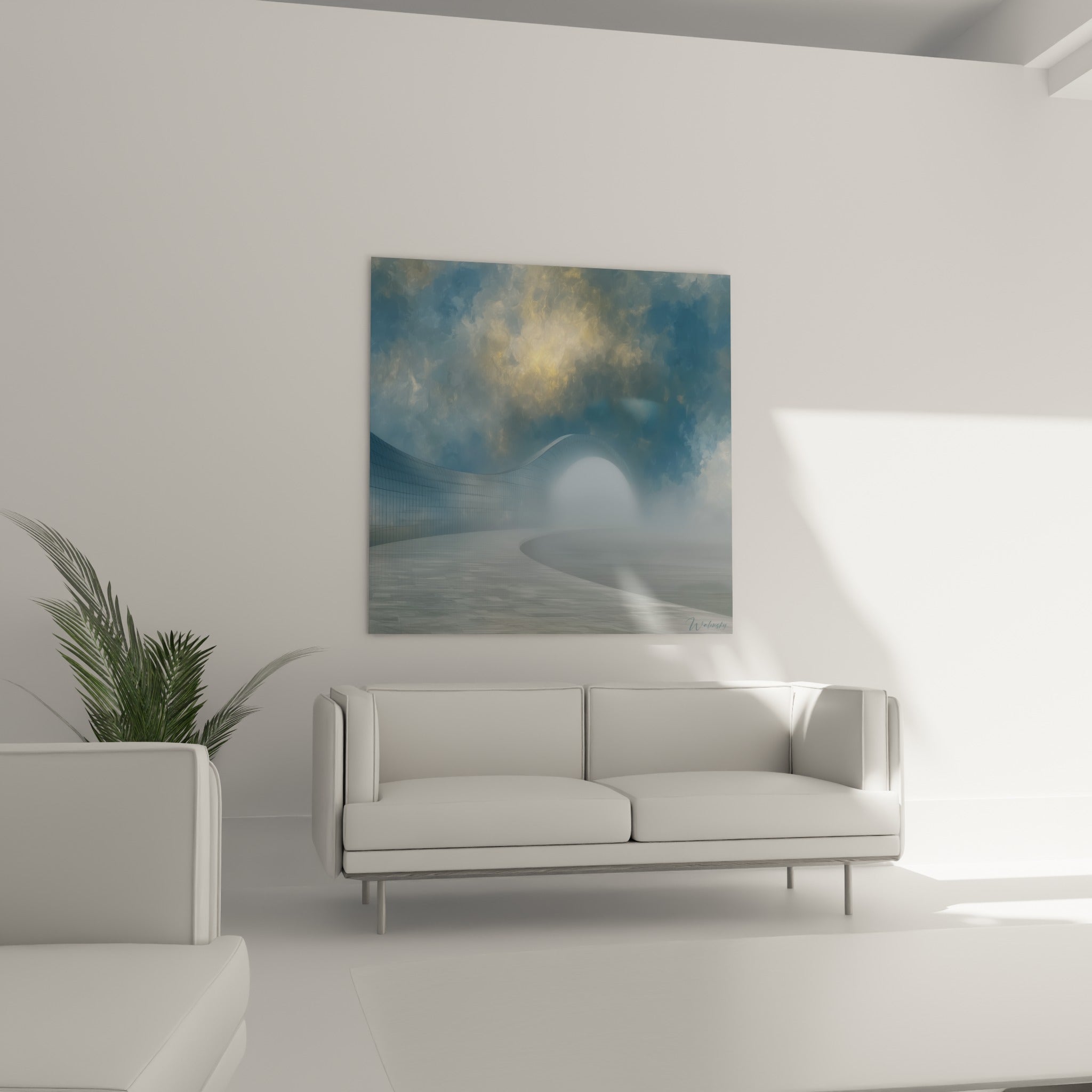 Courbe métallique gris perle menant vers une lueur dorée diffuse au-dessus d'un canapé dans un salon lumineux