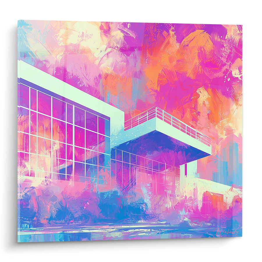 Gemälde Modernes Gebäude in Magenta- und Orangetönen - Strahlende urbane Pracht – Edition Abstrakte Architektur