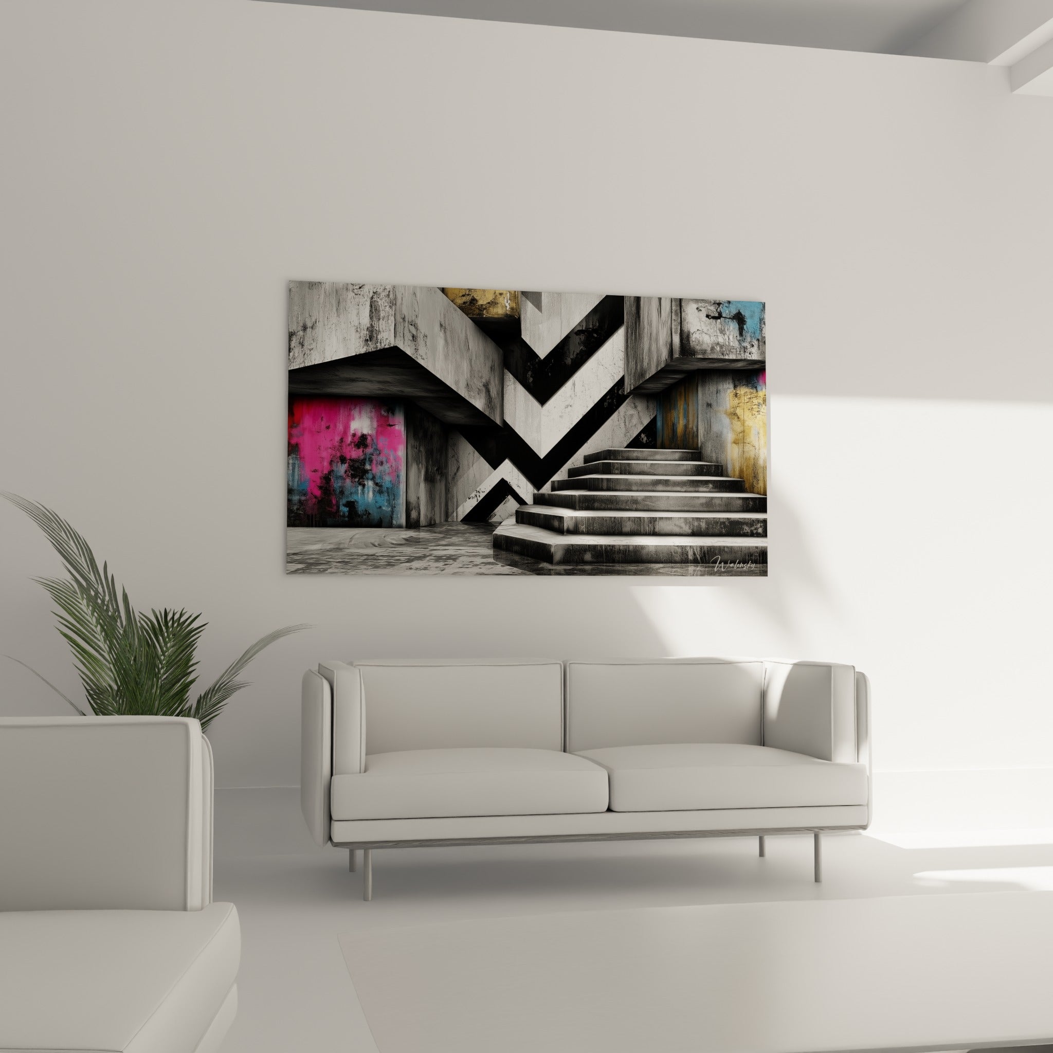 Structure en chevrons noir et blanc, éclats bleu pétrole, au-dessus d'un canapé dans un salon lumineux