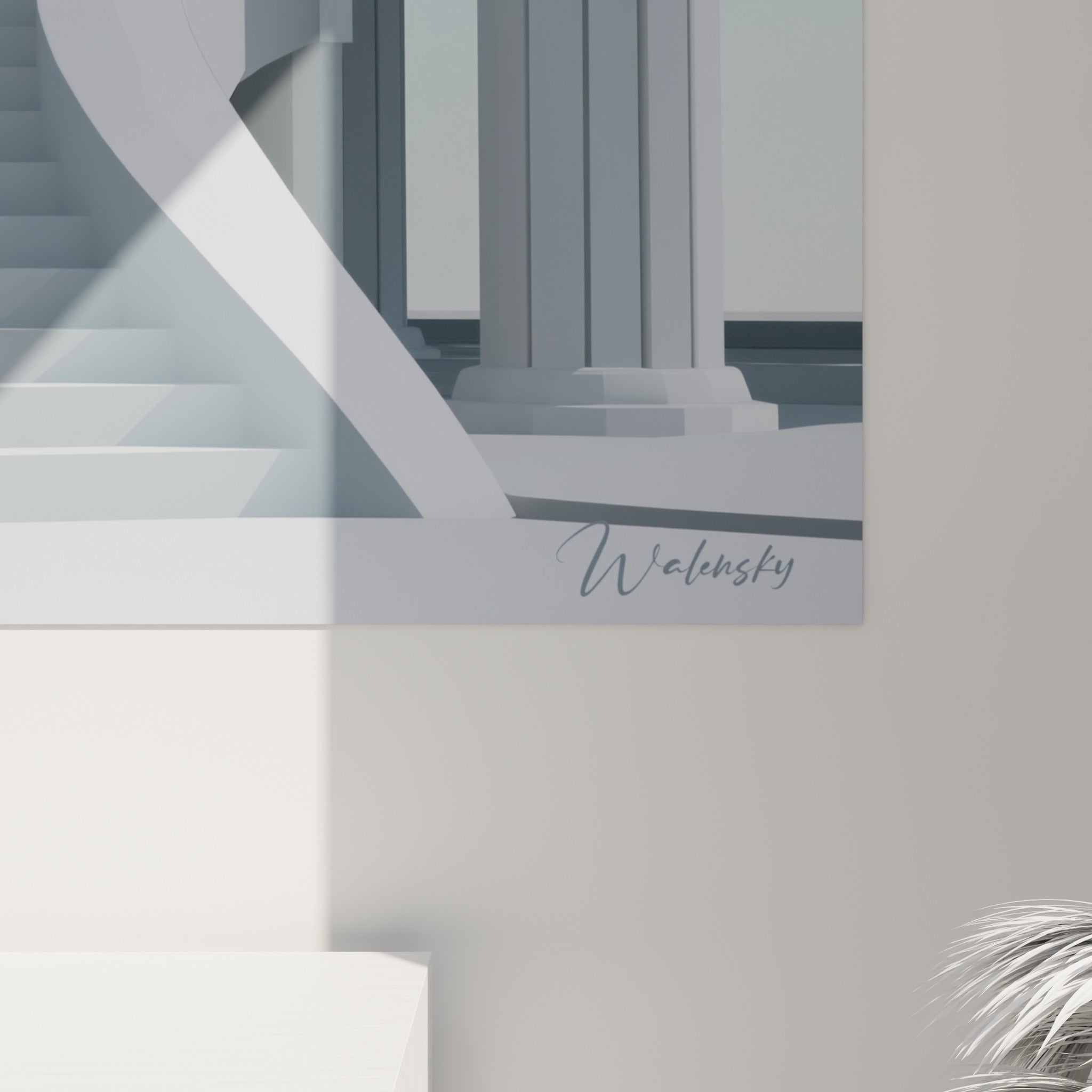 Détail des nervures noires et du grain mat des marches blanches sous une arche anthracite
