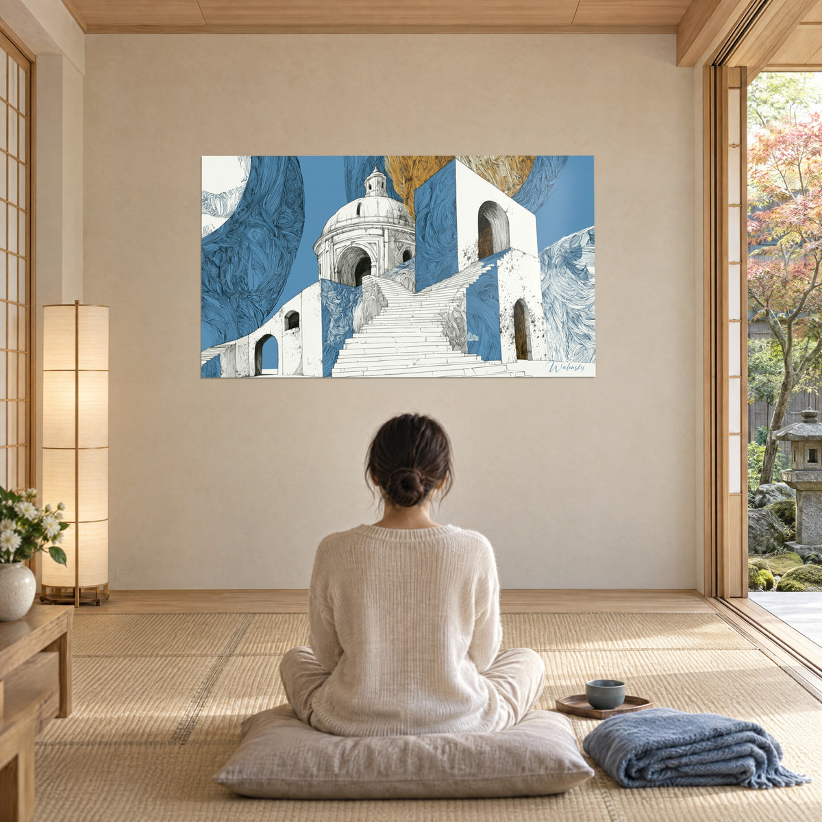 Tableau ascension d'un escalier ivoire vers une chapelle, courbes bleu marine et ocre, contemplé par une femme assise en tailleur près d'une baie