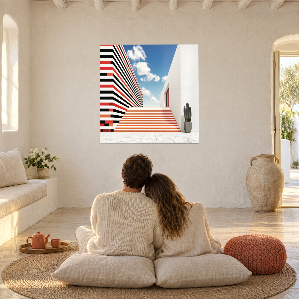 Tableau perspective d'escalier orange vers un ciel bleu à nuages blancs, un couple de dos assis sur des coussins au salon