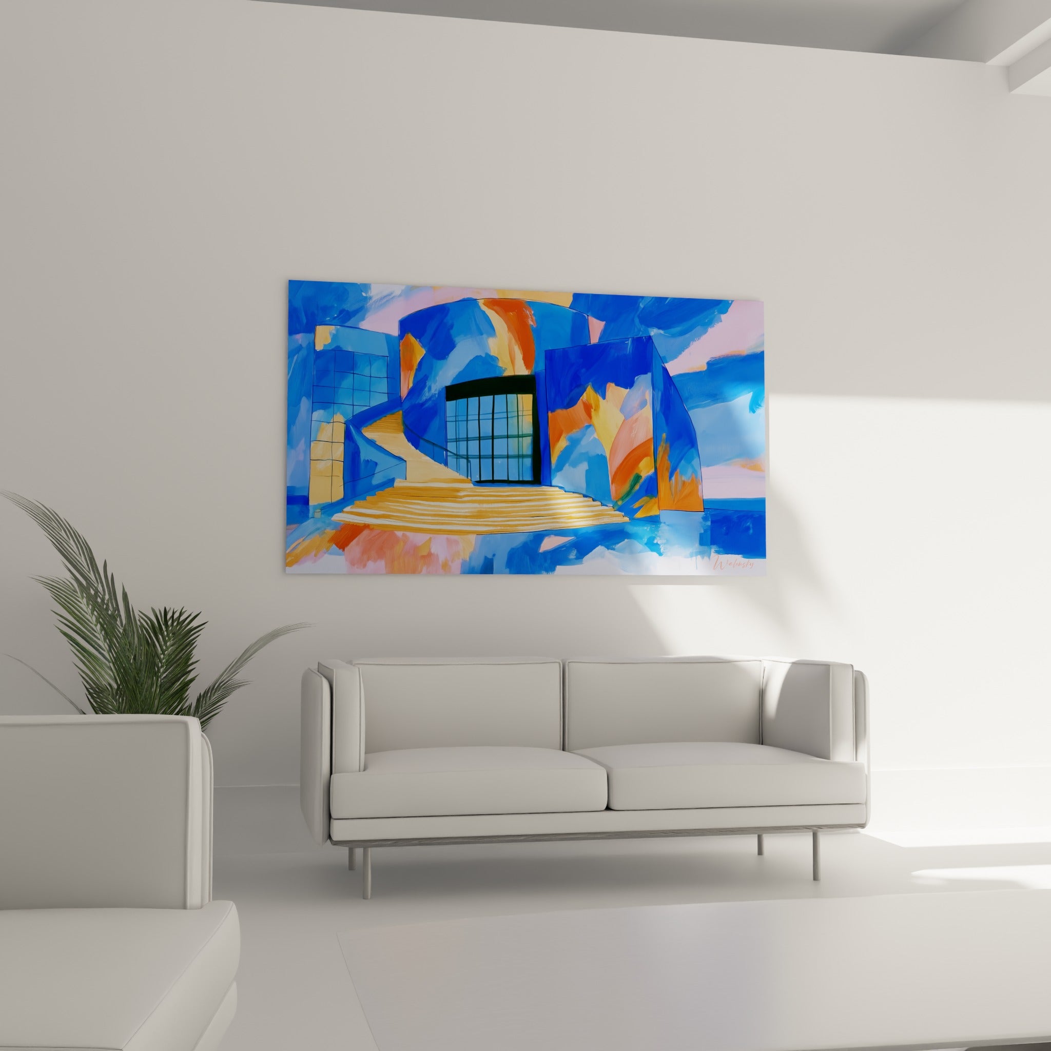 Composition orange et bleue de ce tableau architecture abstrait, suspendue au-dessus d'un canapé dans un salon lumineux