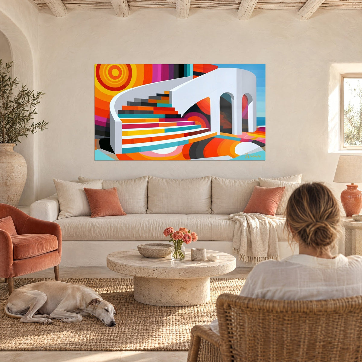 Tableau escalier blanc aux marches orange, turquoise et rose, arcades jumelles sur mer, au-dessus d'un canapé dans un salon lumineux