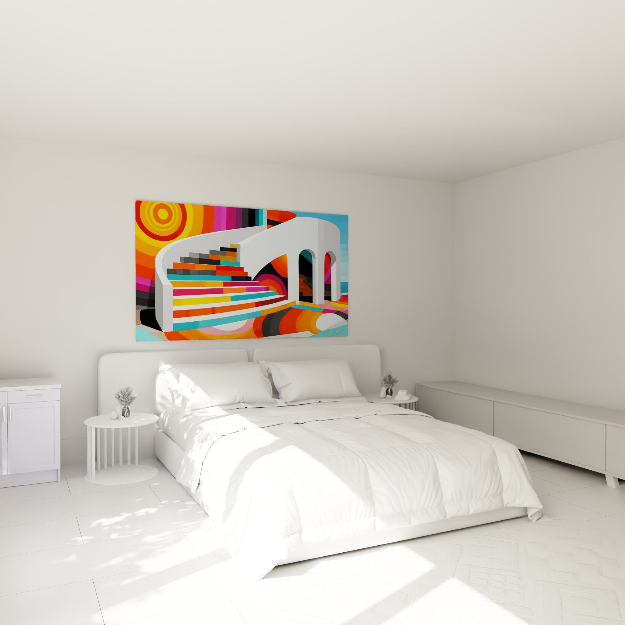 Marches colorées turquoise et fuchsia de l'architecture abstraite au-dessus d'un lit dans une chambre claire