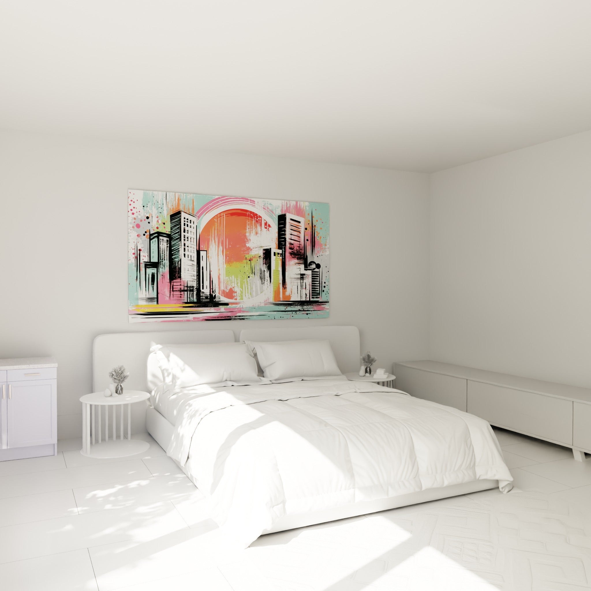 Silhouette urbaine corail et rose de ce tableau architecture abstrait au-dessus d'un lit dans une chambre claire