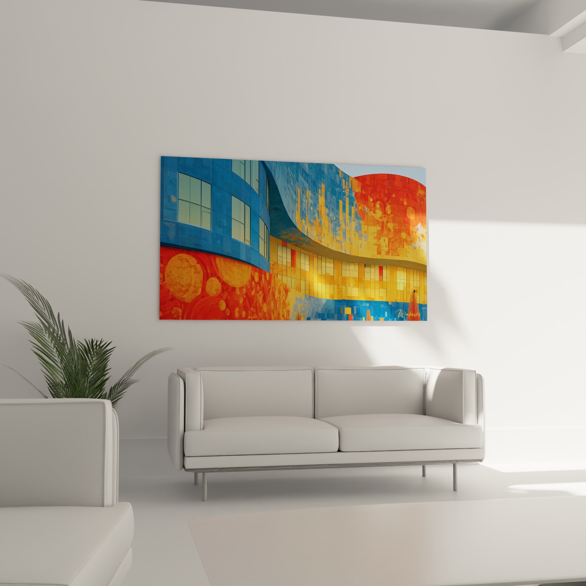 Structure courbe bleu ciel et orange doré, tableau architecture abstrait au-dessus d'un canapé dans un salon lumineux