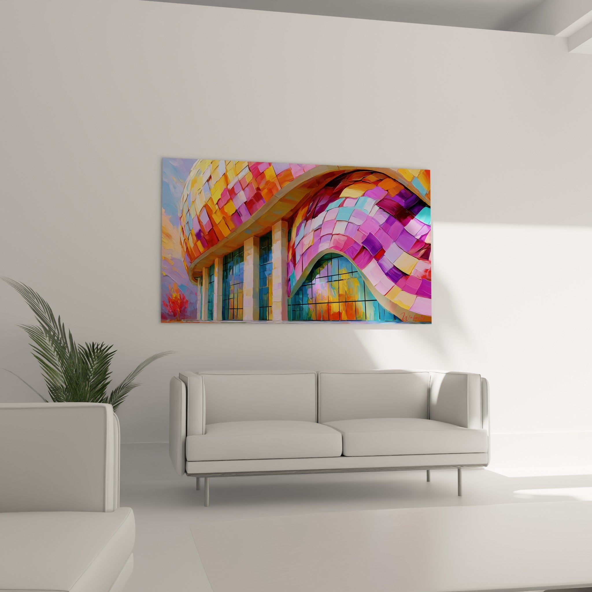 Mosaïque colorée violette et ocre du tableau architecture abstrait, au-dessus d'un canapé dans un salon lumineux